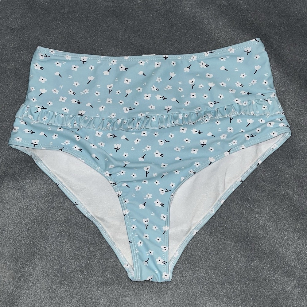 OMKAGI Women's Bikini Bottom Shirred, 58-blue Flower, L Large